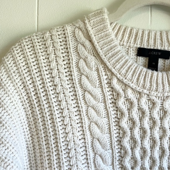 J. Crew Cable Knit Fringe Slit Ivory Cotton Wool Blend Tunic Sweater Sz Med - Picture 3 of 10